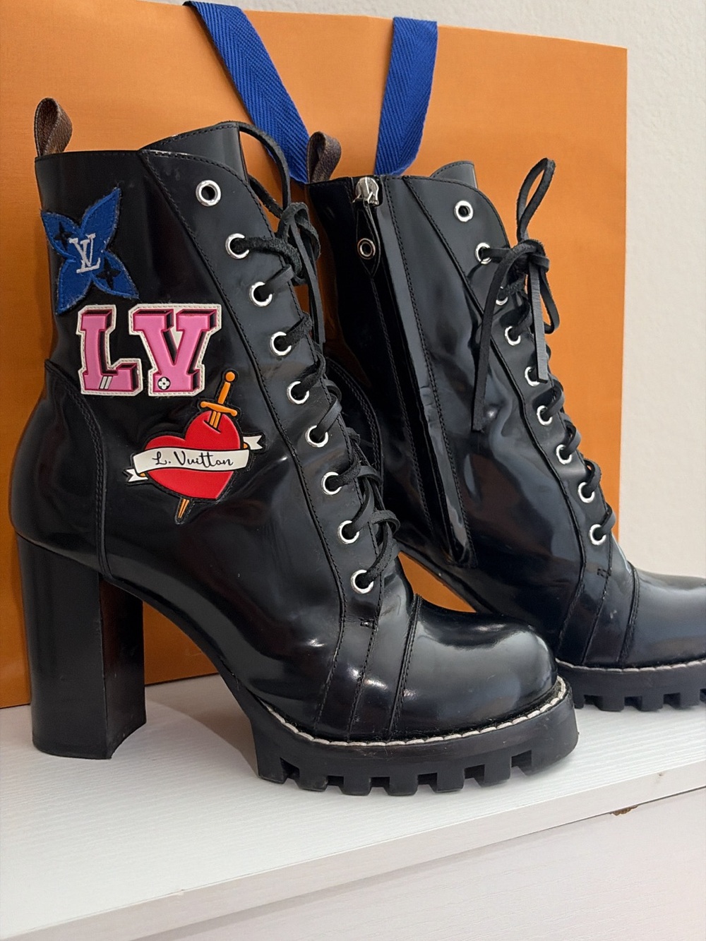 Louis Vuitton Black Patent Lace-Up Platform Ankle Boots with Patch Accents